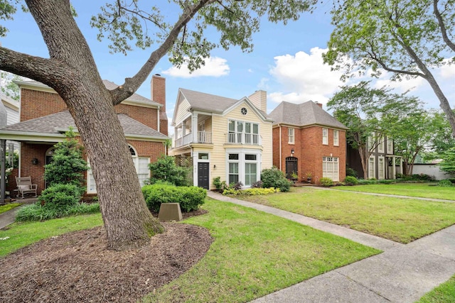 142 Granehampton Ln, Memphis, TN 38111 - view of front facade featuring brick siding, a front lawn, a chimney, and a balcony