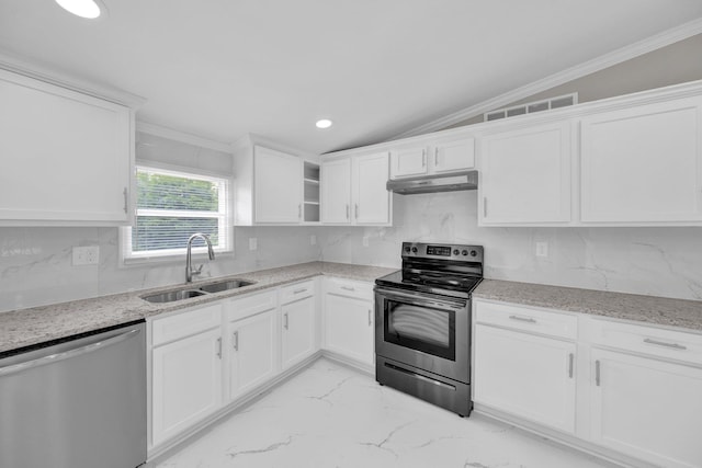 229 Coats Rd, Brighton, TN 38011 - kitchen with stainless steel appliances, a sink, under cabinet range hood, crown molding, and light marble finish flooring