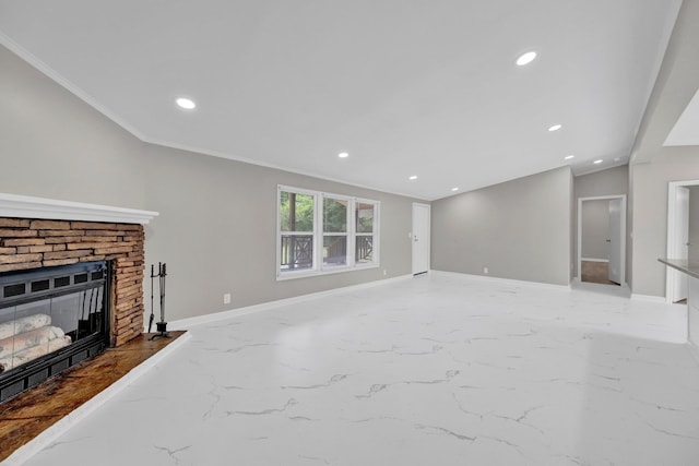 229 Coats Rd, Brighton, TN 38011 - unfurnished living room with light marble finish flooring, baseboards, recessed lighting, a glass covered fireplace, and ornamental molding