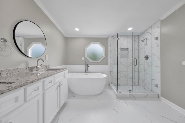 229 Coats Rd, Brighton, TN 38011 - full bathroom featuring crown molding, a marble finish shower, a freestanding bath, double vanity, and a wainscoted wall
