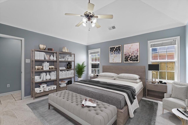 9270 Durhamshire Dr, Cordova, TN 38016 - carpeted bedroom featuring vaulted ceiling, baseboards, and ceiling fan
