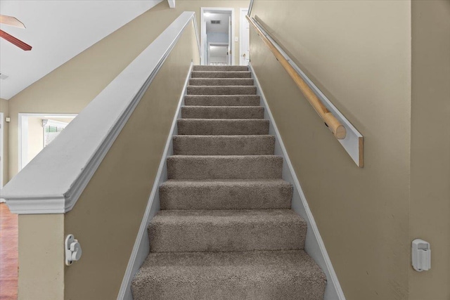 9270 Durhamshire Dr, Cordova, TN 38016 - stairway with ceiling fan, vaulted ceiling, and baseboards