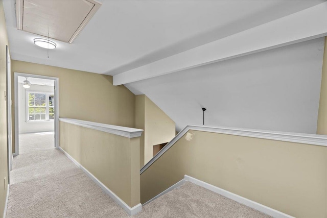 9270 Durhamshire Dr, Cordova, TN 38016 - hall with attic access, carpet floors, an upstairs landing, and baseboards