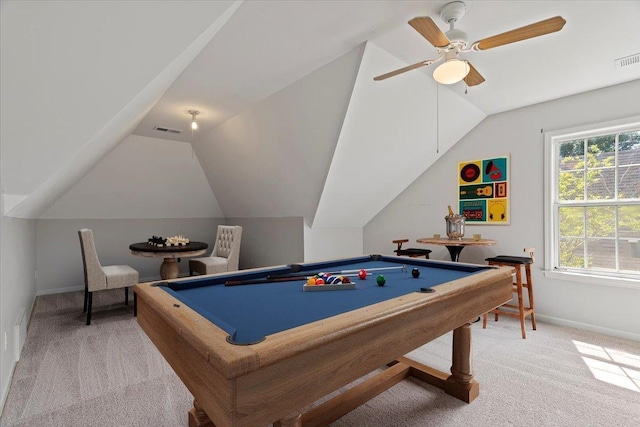 9270 Durhamshire Dr, Cordova, TN 38016 - recreation room featuring light colored carpet, lofted ceiling, baseboards, ceiling fan, and billiards table