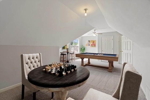 9270 Durhamshire Dr, Cordova, TN 38016 - recreation room with carpet floors, billiards, baseboards, and lofted ceiling