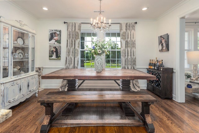 241 Greenway Rd, Memphis, TN 38117 - dining room with ornamental molding, wood finished floors, a chandelier, recessed lighting, and baseboards