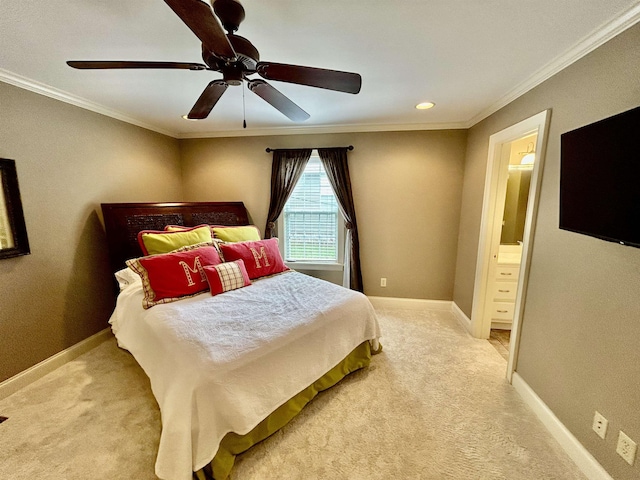 20 Betty Blvd, Iuka, MS 38852 - bedroom with light carpet, crown molding, baseboards, ensuite bath, and a ceiling fan