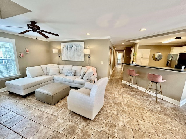20 Betty Blvd, Iuka, MS 38852 - living room with ornamental molding, baseboards, a ceiling fan, and recessed lighting