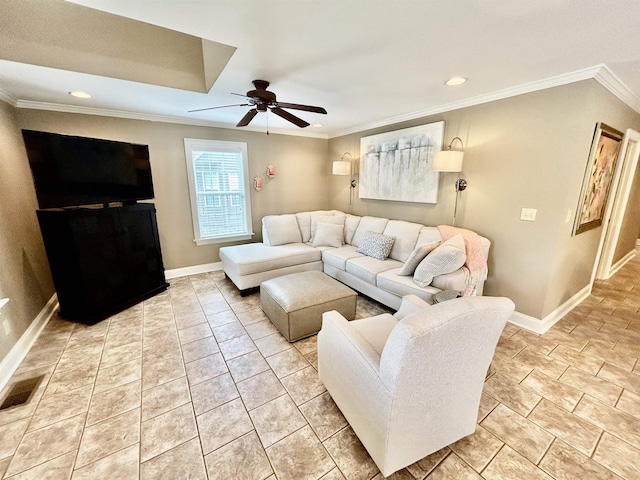 20 Betty Blvd, Iuka, MS 38852 - living room featuring baseboards, a ceiling fan, ornamental molding, and recessed lighting