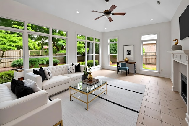2073 W Houston Way, Collierville, TN 38139 - living area with a ceiling fan, a fireplace, light tile patterned flooring, baseboards, and recessed lighting