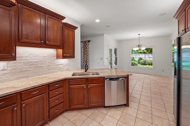 2073 W Houston Way, Collierville, TN 38139 - kitchen featuring stainless steel dishwasher, a sink, backsplash, light tile patterned flooring, and a peninsula