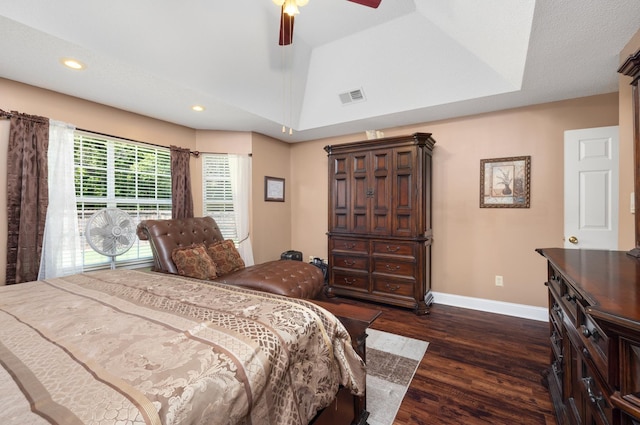 4528 Queen Sinclair Cir, Millington, TN 38053 - bedroom with baseboards, dark wood-style floors, recessed lighting, ceiling fan, and vaulted ceiling
