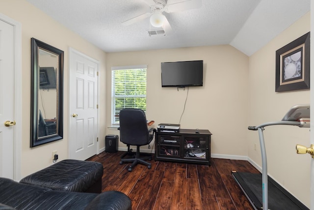 4528 Queen Sinclair Cir, Millington, TN 38053 - home office featuring wood finished floors, a ceiling fan, baseboards, a textured ceiling, and lofted ceiling