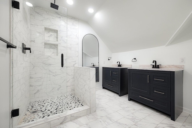 5236 Marynelle Cv, Memphis, TN 38116 - full bath with a shower stall, marble finish flooring, vanity, vaulted ceiling, and baseboards