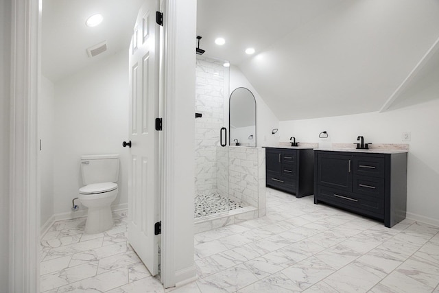 5236 Marynelle Cv, Memphis, TN 38116 - full bath featuring marble finish floors, a shower stall, vaulted ceiling, toilet, and recessed lighting