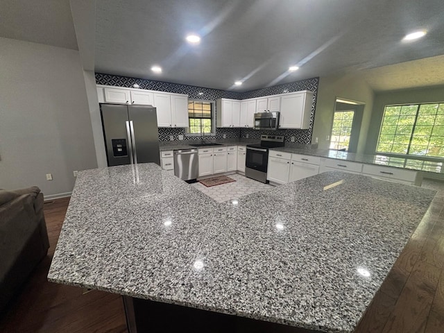 245 Holiday Hills Ln, Counce, TN 38326 - kitchen with stainless steel appliances, wood finished floors, white cabinetry, a sink, and recessed lighting