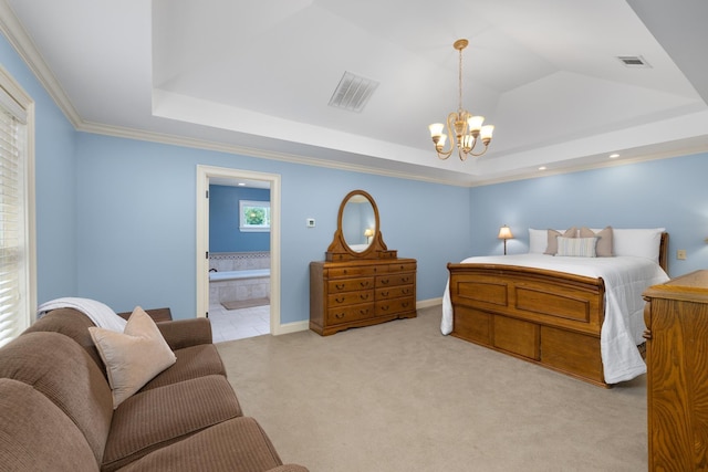 4072 Soderlund Cv, Millington, TN 38053 - carpeted bedroom featuring a raised ceiling, a chandelier, ensuite bathroom, vaulted ceiling, and ornamental molding