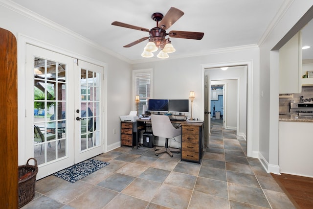 4072 Soderlund Cv, Millington, TN 38053 - home office featuring french doors, baseboards, crown molding, and a ceiling fan
