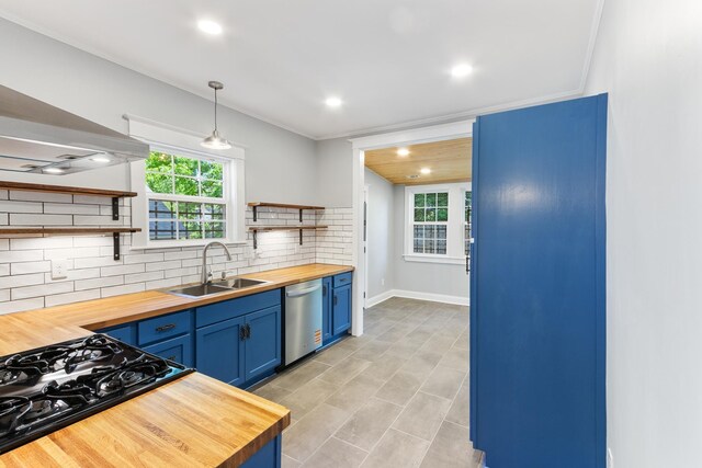 1906 Vollintine Ave, Memphis, TN 38107 - kitchen featuring wooden counters, open shelves, blue cabinetry, stainless steel dishwasher, and a sink