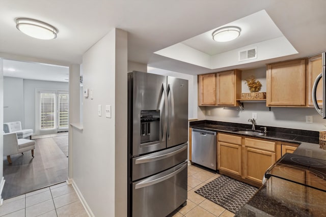 1819 Crossflower Cv Unit 85, Germantown, TN 38138 - kitchen with stainless steel appliances, light tile patterned flooring, open shelves, and a sink