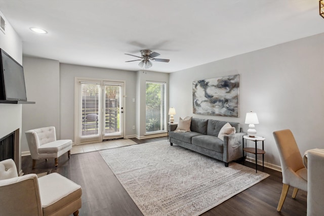1819 Crossflower Cv Unit 85, Germantown, TN 38138 - living area with ceiling fan, baseboards, a fireplace, wood finished floors, and recessed lighting