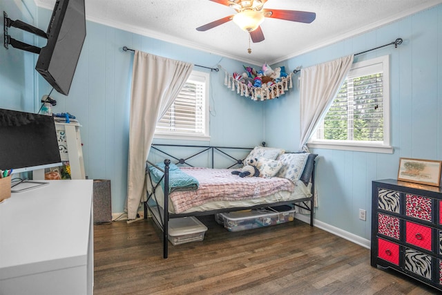 4951 Lynbar Ave, Memphis, TN 38117 - bedroom with ornamental molding, wood finished floors, a textured ceiling, ceiling fan, and baseboards