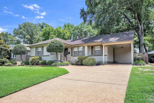 4951 Lynbar Ave, Memphis, TN 38117 - single story home with concrete driveway, a carport, a chimney, a front yard, and brick siding