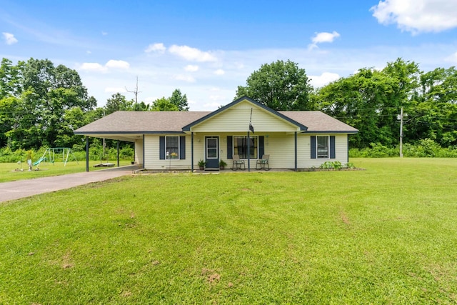59 Crosswinds Cv, Henning, TN 38041 - ranch-style house featuring driveway, a front yard, a carport, and a porch