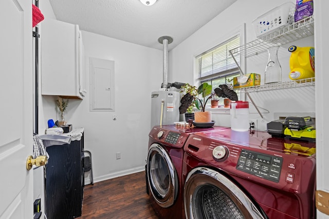 59 Crosswinds Cv, Henning, TN 38041 - laundry room featuring electric panel, wood finished floors, washing machine and dryer, water heater, and a textured ceiling