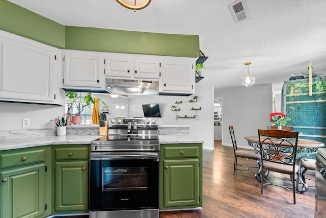 59 Crosswinds Cv, Henning, TN 38041 - kitchen with stainless steel range with electric stovetop, exhaust hood, white cabinets, dark wood-style flooring, and green cabinets