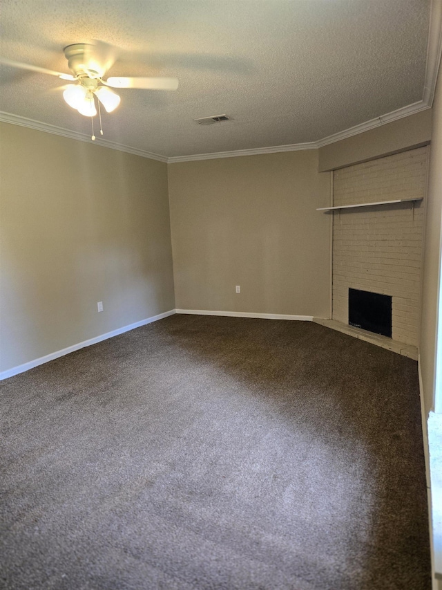 4207 Kenosha Rd, Memphis, TN 38118 - unfurnished living room with a ceiling fan, ornamental molding, a textured ceiling, carpet flooring, and a fireplace