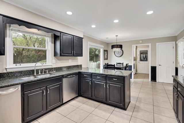 2019 Kostka Ln, Germantown, TN 38139 - kitchen featuring stainless steel dishwasher, a sink, crown molding, a peninsula, and light tile patterned flooring