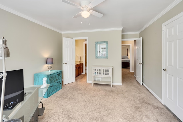 2019 Kostka Ln, Germantown, TN 38139 - bedroom with crown molding, light colored carpet, baseboards, ceiling fan, and ensuite bath