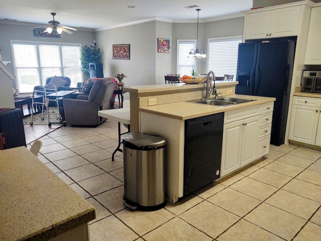 197 Walnut Gardens Dr, Memphis, TN 38018 - kitchen featuring black appliances, open floor plan, light tile patterned floors, a sink, and a ceiling fan