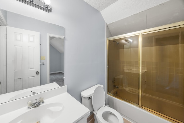 5424 Peyton Randolph St, Bartlett, TN 38134 - bathroom with combined bath / shower with glass door, vanity, lofted ceiling, toilet, and a textured ceiling
