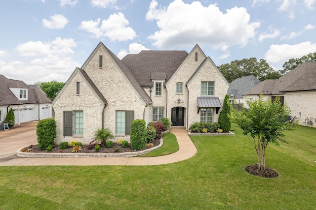 12432 Zapata Cv, Collierville, TN 38017 - french country inspired facade with brick siding, a front lawn, roof with shingles, concrete driveway, and a garage