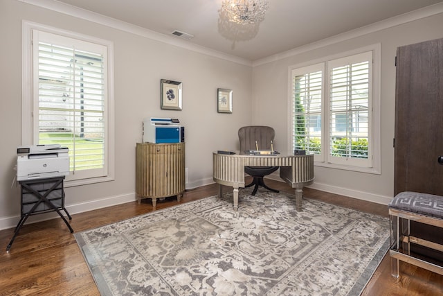 12432 Zapata Cv, Collierville, TN 38017 - office area featuring plenty of natural light, crown molding, a chandelier, baseboards, and wood finished floors