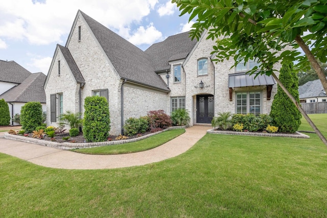 12432 Zapata Cv, Collierville, TN 38017 - french country home featuring brick siding, a shingled roof, french doors, and a front yard