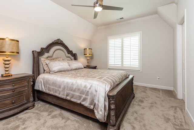 12432 Zapata Cv, Collierville, TN 38017 - bedroom with crown molding, light colored carpet, baseboards, ceiling fan, and vaulted ceiling