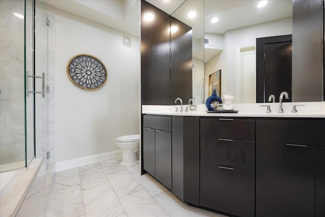 717 Riverside Dr Unit 1104, Memphis, TN 38103 - full bathroom featuring marble look tiles, double vanity, baseboards, a stall shower, and toilet