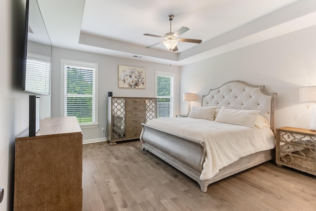 9709 Woodland Brook Ln S, Cordova, TN 38018 - bedroom with light wood finished floors, multiple windows, a tray ceiling, and baseboards