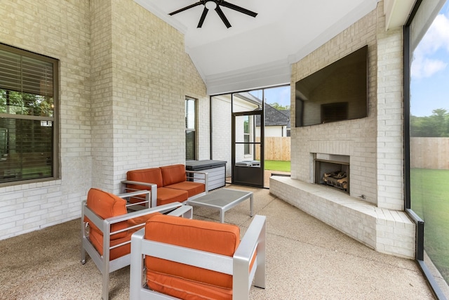 9709 Woodland Brook Ln S, Cordova, TN 38018 - sunroom / solarium with a ceiling fan, vaulted ceiling, and an outdoor living space with a fireplace