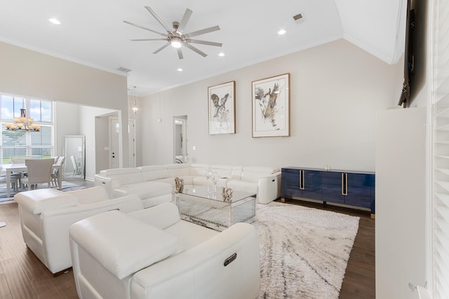 9709 Woodland Brook Ln S, Cordova, TN 38018 - living area with ornamental molding, ceiling fan, a chandelier, dark wood-style floors, and recessed lighting