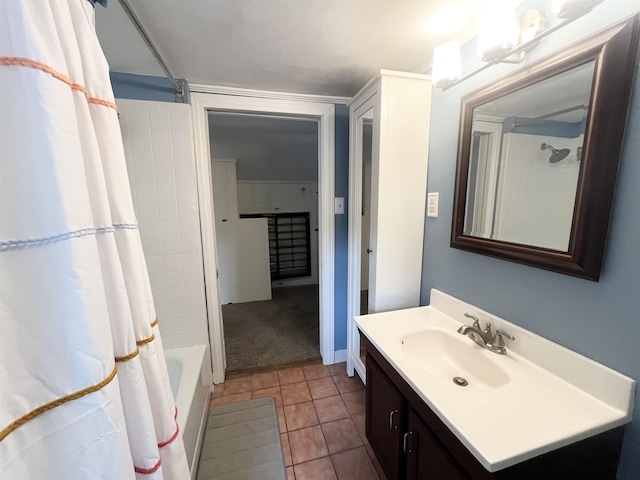 3529 Johnwood Dr, Memphis, TN 38122 - full bathroom featuring vanity, shower / bathtub combination with curtain, and tile patterned floors