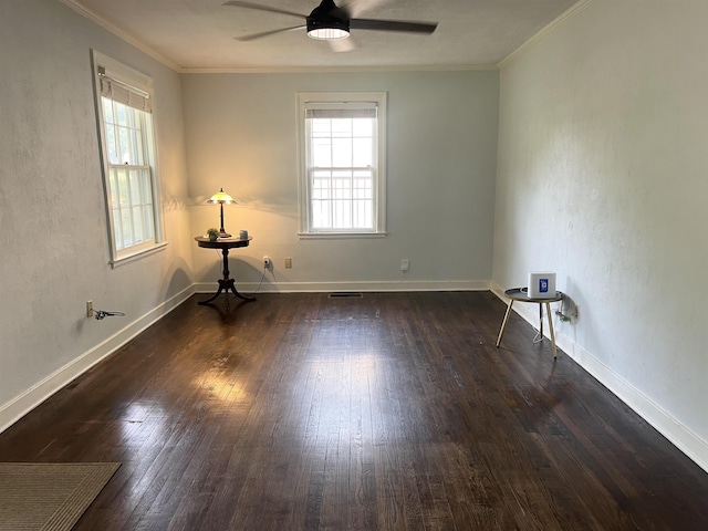 3529 Johnwood Dr, Memphis, TN 38122 - unfurnished room featuring a ceiling fan, plenty of natural light, wood finished floors, ornamental molding, and baseboards