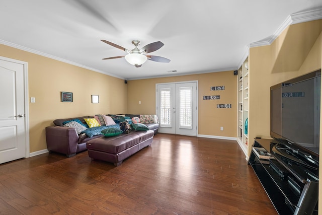 1073 Woodland Glen Dr, Cordova, TN 38018 - living room with crown molding, baseboards, wood finished floors, and ceiling fan