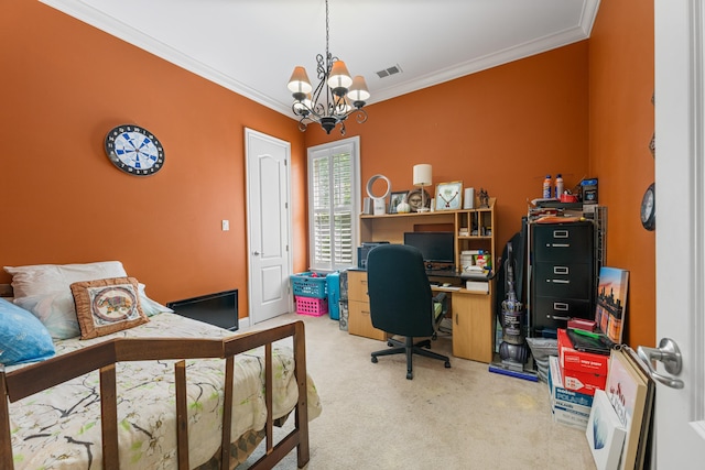 1073 Woodland Glen Dr, Cordova, TN 38018 - bedroom with a chandelier, an office area, light colored carpet, and ornamental molding