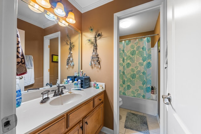 1073 Woodland Glen Dr, Cordova, TN 38018 - bathroom with vanity, tile patterned floors, toilet, shower / bath combo, and ornamental molding