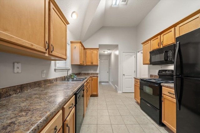 1360 Broadstone Cv, Cordova, TN 38016 - kitchen featuring black appliances, a sink, light tile patterned floors, high vaulted ceiling, and dark countertops