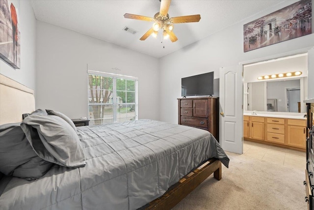 1360 Broadstone Cv, Cordova, TN 38016 - bedroom featuring light colored carpet, connected bathroom, a ceiling fan, and lofted ceiling